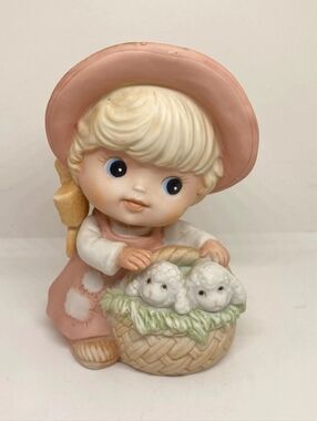 Vintage Homeco Little Girl Ceramic Figurine with Lambs In Basket